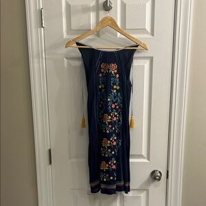 THML Brand Navy Blue Mini Swing Dress with Floral Embroidery - Small